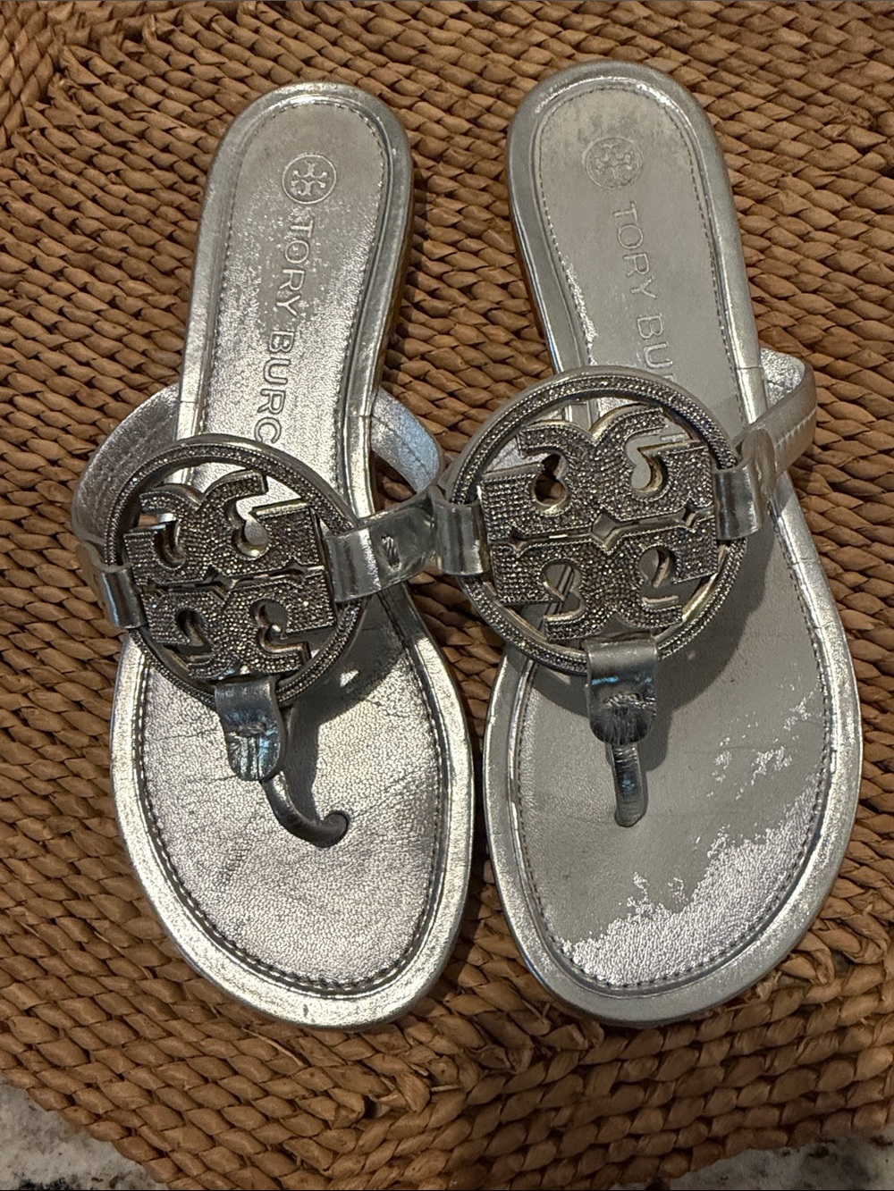 Tory Burch Metallic Silver Logo Thong Sandals with Crystals size 8